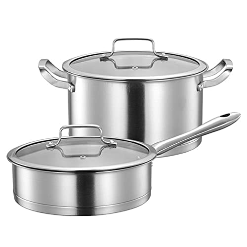 Olla de cocina, ollas y sartenes de acero inoxidable, sartén antiadherente sin revestimiento, incluye sartén de 24 cm y cacerolas antiadherentes de 26 cm con tapa, apto para todas las estufas, 2 Pi