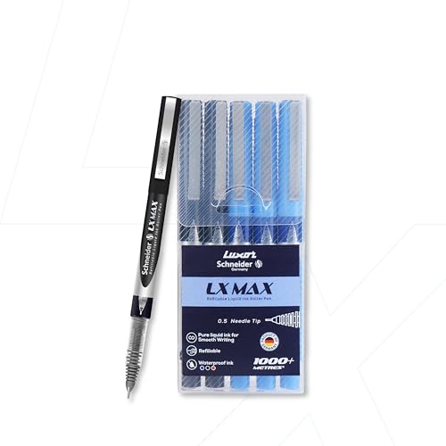 Image of Luxor Schneider, LX MAX roller ball pen, Pack of 5-3 Blue + 2 Black, Needle Tip, 0.5mm, 100% German Technology, 1000+ mtrs writing length, Waterproof Ink, Ideal for Students & Professionals