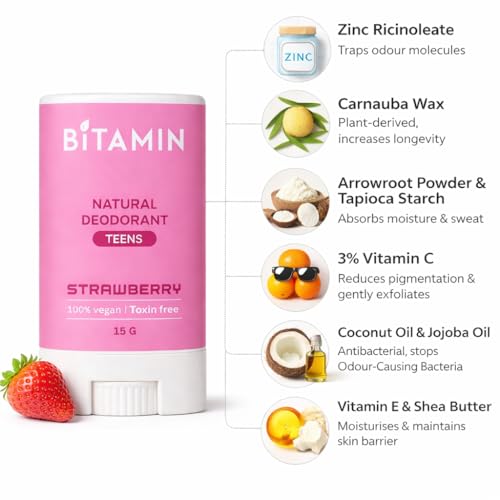 Image of Bitamin Natural Deodorant Underarm Roll On Cream For Kids & Teens | Kids Deodorant Roll On for Girls & Boys With 3% Vitamin C & E | No Aluminium, No Alcohol, No Parabens & No Triclosan | 8 Hour Odour Control, Ages 10-18 | Sea Salt & Strawberry 15 g Each (Pack Of 2)