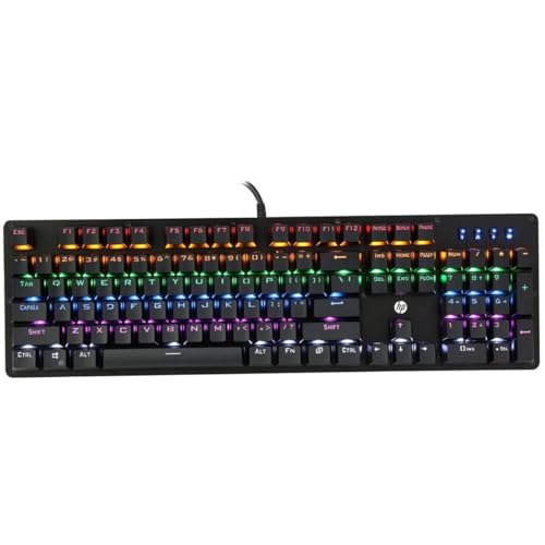 HP Teclado Mecânico Gamer GK100 Preto USB Layout ABNT2 Switch Blue Teclas Multimídia e Iluminação de Led teclado mecânico teclas gravadas a laser 7JH28AA