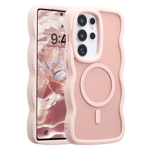 UEEBAI Magnetic for Samsung Galaxy S25 Ultra 5G Case, Cute Cover Compatible with MagSafe, Transparent Clear Wave Design Wavy Frame Matte Phone Case- Pink
