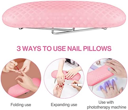 Nail Arm Rest, Upkey Hand Pillow, Microfiber Leather Nail Cushion Manicure Pillow with Stand Holder Foldable Professional Nail Table Nail Desk for Nail Technician Beginner Salon Home Use (Pink)