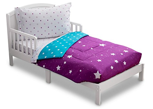 Delta Children 4 Piece Toddler Bedding Set for Girls - Reversible 2-in-1 Comforter - Includes Fitted Comforter to Keep Little Ones Snug, Bottom Sheet, Top Sheet, Pillow Case - Purple Stars Night - image 1