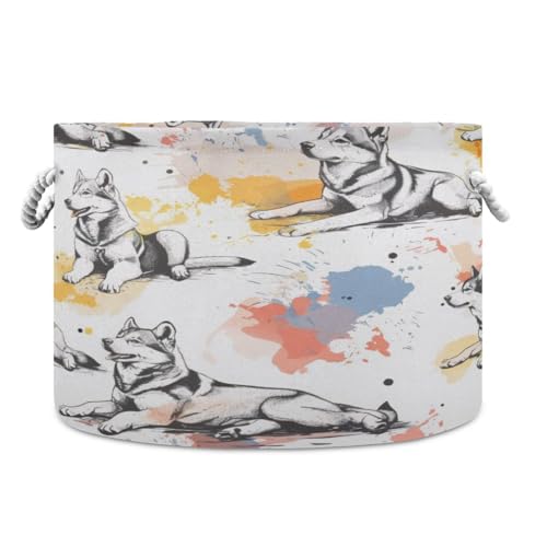 Jihqo Cute Husky Dogs Storage Basket Cotton Rope Baskets for Closet Fabric Laundry Baskets with Handle for Toy Home Office Room Organizer