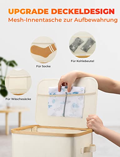 Yamagahome Wäschekorb mit Deckel 60L, Wäschesammler mit 2 herausnehmbaren Wäschesäcke und Upgrade Deckeldesign, Faltbarer Wäschesortierer aus Bambus und Wasserdichter Oxford-Stoff (Beige)
