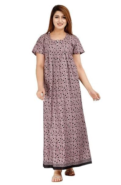 Image of NILOUFO Women's Cotton Printed Maxi Nighty - Pack of 2 | Soft Ankle-Length Sleepwear Gowns for Women | Free Size Night Dresses (Brown,Purple, Free Size)