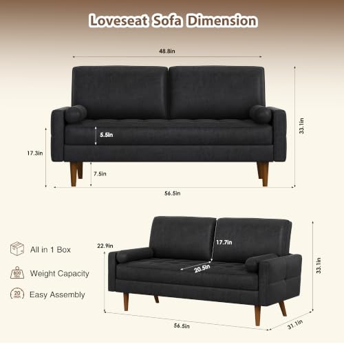 Image of HIFIT 57 inch Loveseat Sofa Couch, Mid Century Modern Faux Leather Couch, Black