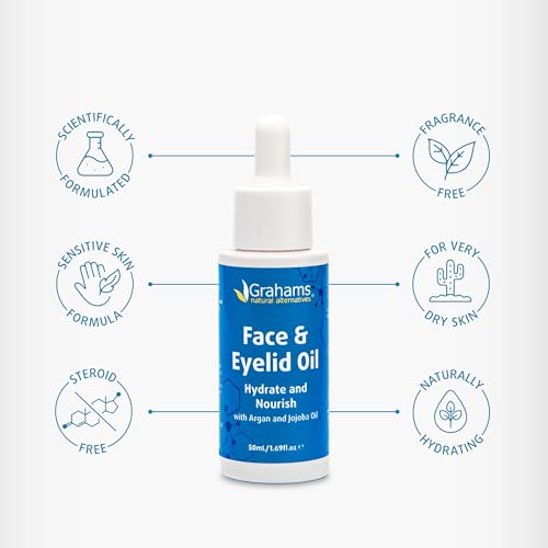 Image of Grahams Natural Face & Eyelid Oil - For Very Dry Skin Around Eye & Face, Eczema & Perioral Dermatitis - Steroid-Free, Hypoallergenic, Non-Comedogenic - 100% Pure - with Argan & Jojoba Oil (1.69 Fl Oz)