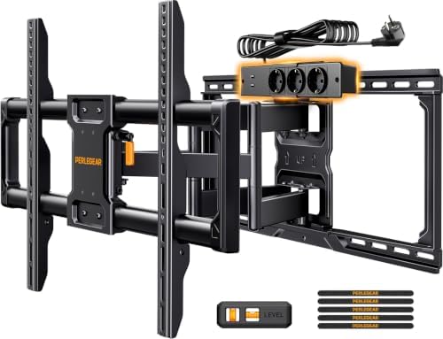 Perlegear voll-bewegliche TV Wandhalterung mit Steckdosenleiste, 42"-90", 68KG, vormontierte TV Halterung, leichtgängige Drehung, Neigung, Extension, VESA 600x400mm, PGLF11