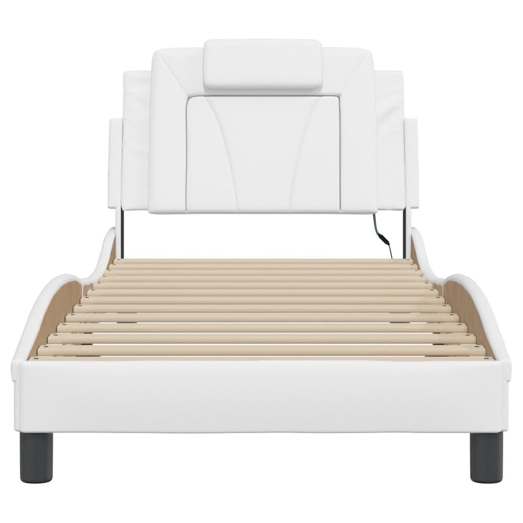 Estructura de cama Viana con LED completamente blanco, 90 x 200 cm, piel sintética, cabecero de madera contrachapada y metal, diseño ondulado, moderno, cama tapizada para jóvenes y