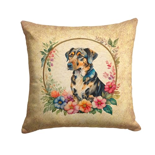 Caroline's Treasures DAC2112PW1414 Catahoula Leopard Dog and Flowers Fabric Decorative Pillow Machine Washable, Indoor Outdoor Decorative Pillow for Couch, Bed or Patio, 14Hx14W