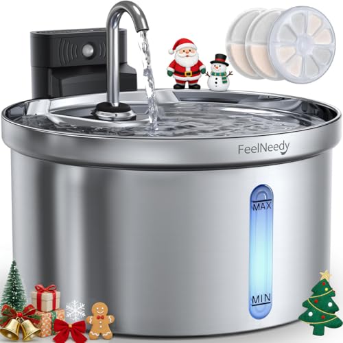 Wireless Cat Water Fountain [Water & Battery Separation] FEELNEEDY Stainless Steel Automatic Pet Water Dispenser, 4000mAh Battery Operated Water Fountains for Cats Dogs - 3.5L/118oz