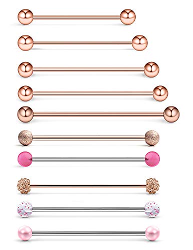 Ruifan 10Pcs 16 Gauge Mix Sizes Industrial Barbell Cartilage Earring Body Piercing Jewelry 28Mm 32Mm 35Mm 38Mm 40Mm - Rose Gold #TOP12
