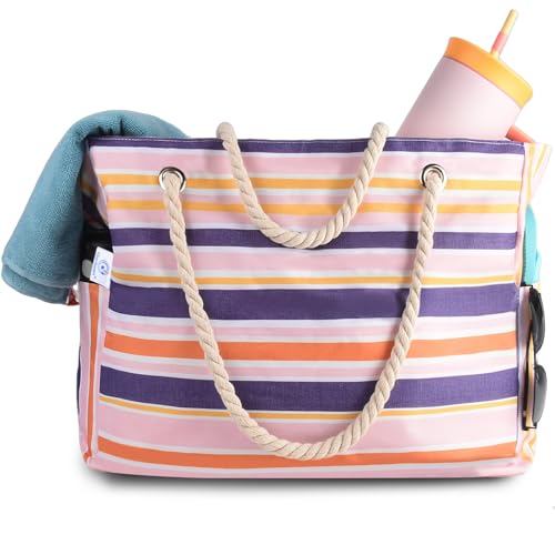 Genteen Beach Bag for Women Large Waterproof Sandproof Beach Tote with Zipper Pocket Solid for Travel Pool(PINK)
