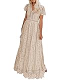 MEROKEETY Women's 2026 V Neck Short Sleeve Floral Lace Wedding Dress A Line Boho Bridesmaid Cocktail Party Maxi Dress, Apricot, X-Large