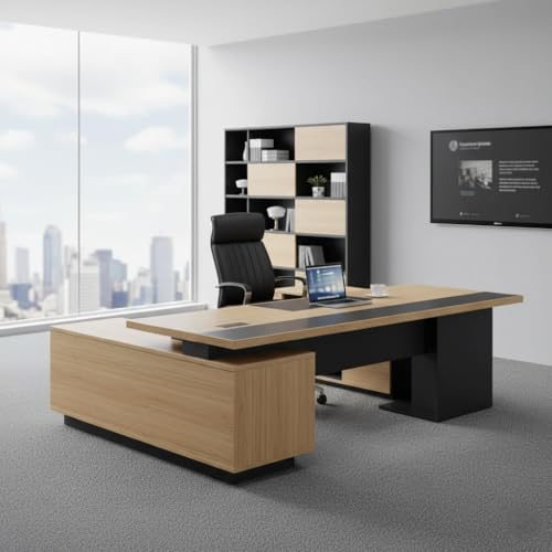Image of Lakdi The Furniture Office Desk for Director Table Made in Particle Board with Drwaers and CPU Space, Modern Executive Desk, Openable Shutter Gold Brown Color - (LDL-462 6 fit)
