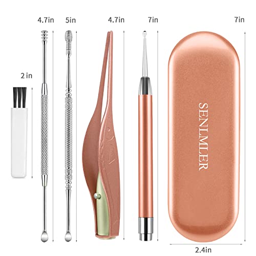4 Pack Ear Pick With Light, Ear Cleaner Ear Wax Removal Tool Kit For Kids And Adults, Ear Picks Digger & Tweezers & Spiral Spring Ear Spoon Set With Storage Box (Rose Gold) #TOP6