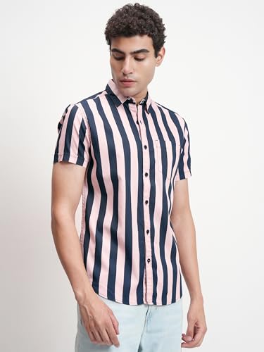 Image of Highlander Men's Slim Fit Short Sleeves Striped Casual Shirt | Vertical Stripes | Sleek & Relaxed Everyday Wear