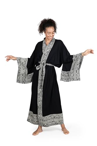 NOVICA Artisan Handmade Batik Rayon Robe Indonesian Floral Patterned Black Ivory Clothing ' Batik Midnight'