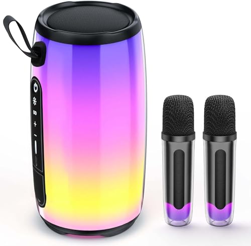 Portable Karaoke Speaker with Dynamic Bass LED Lights Color,Supporting TWS/Bluetooth/TF/AUX/USB,Included 2 Wireless Microphone for Entertainment Party Camping