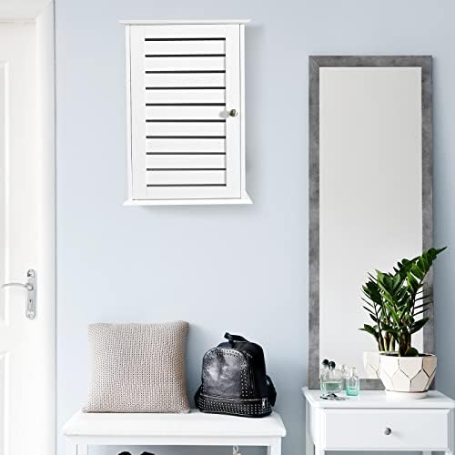 Multigot Wall Bathroom Cabinet, Wooden Storage Cupboard with Louvered Door and Adjustable Shelves, Hanging Medicine Organiser Unit for Living Room Kitchen Hallway (White)