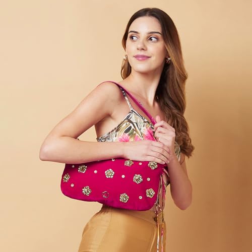 Image of Caprese Sapphire Small Hobo Bag for Women | Embroidery Velvet Sling Bag with Decorative Metal Flowers & Detachable Chain | Ideal for Festive Occasions
