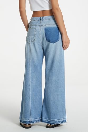 D-Sun Women's Mid Rise Wide Leg Jeans Casual Baggy Wide Leg Flared Jeans Trendy Side Seam Colorblock Denim Pants with Pockets3