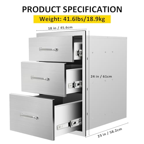 Image of Outdoor Kitchen Drawers 18''Wx 24''H x 23''D Triple BBQ Drawers Stainless Steel Built-in Drawer for Outdoor Kitchen Island, Patio Grill Station