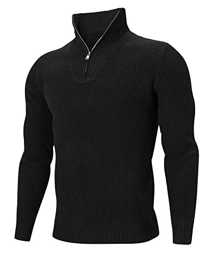 AIDEAONE Suéter con Cremallera para Hombre, Suéter De Punto De Cuello Alto, Jersey con Cuello Simulado, Suéter Ajustado Básico con Cremallera De Punto Fino, Negro Cover