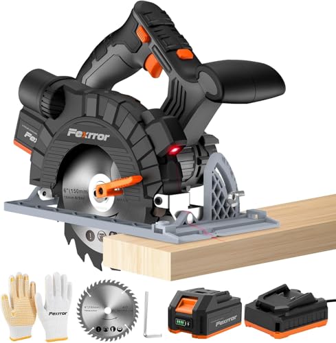 Fexrror Cordless Circular Saw with 4.0Ah Lithium-Ion Battery, 4000RPM, Dust Extraction, Adjustable Cutting Depth and Angle, 50mm(90 °), 36mm(45 °), Electric Circular Saw with for Cutting Wood, Plastic