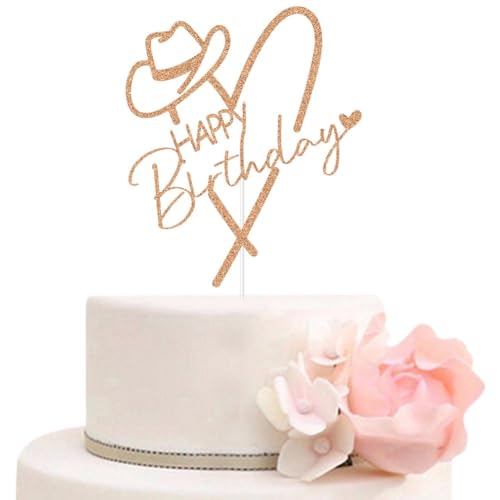 Cowgirl Happy Birthday Cake Topper, Mexican Western Birthday Cake Decor, Fiesta Theme Girls Bday Party Decorations Rose Gold Glitter