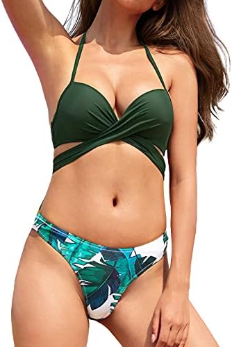 CUPSHE Women's Leafy Wrap Tie Bikini Set Halter Back Bow Low Waisted Bathing Suit, S Dark Green