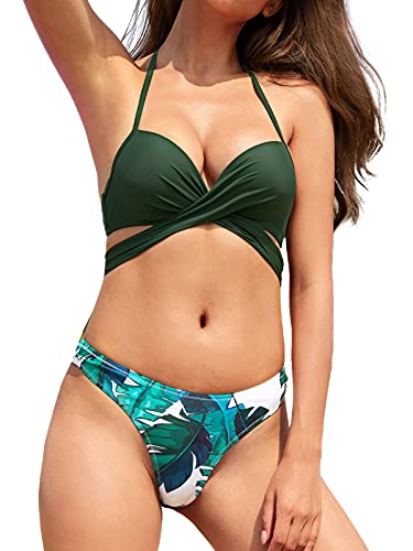 Cupshe Women's Leafy Wrap Tie Bikini Set Halter Back Bow Low Waisted Bathing Suit, S Dark Green #TOP8