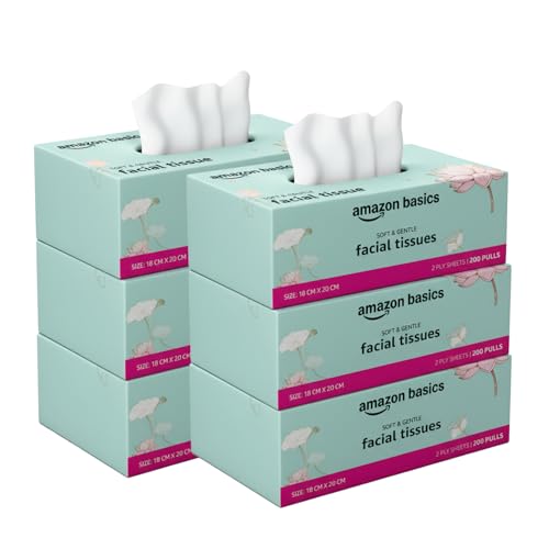 Image of Amazon brand- Amazon Basics 2-Ply Facial Tissue paper 1200 pulls | 200 pulls x Pack of 60| Soft, Absorbent & Gentle| Chemical-Free