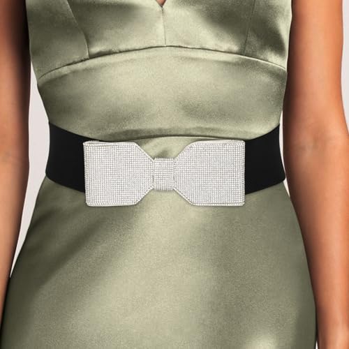 Rhinestone Elastic Belt Silver Bow Tie Crystal Wide Stretch Belts Women Sparkly Waist Belts for Dress4