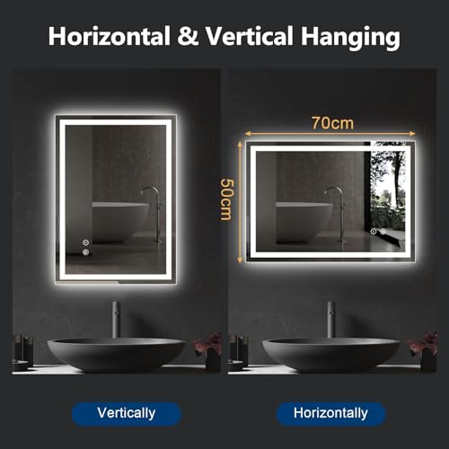 CROWNSHOP Bathroom Mirror with LED Lights 70x50cm LED Illuminated Mirror with Anti-Fog, 3 Colour Dimmable Lights, Touch Control & Memory Function | IP54 Rated, Horizontal/Vertical Mount - Cosy Home Interiors CROWNSHOP Bathroom Mirror with LED Lights 70x50cm LED Illuminated Mirror with Anti-Fog, 3 Colour Dimmable Lights, Touch Control & Memory Function | IP54 Rated, Horizontal/Vertical Mount - Image 7