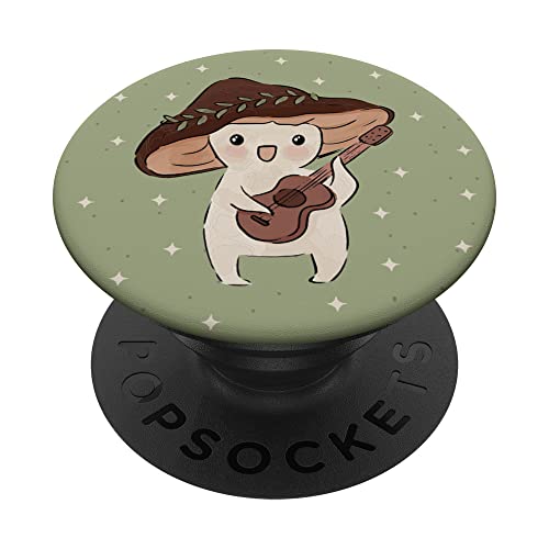 Cute Kawaii Mushroom Guitar Cottagecore Sage Green Women PopSockets Adhesive PopGrip, Black