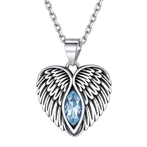 Chicsilver Angel Wing Heart Necklace 925 Sterling Silver Wings Pendant Created Aquamarine March Birthstone Necklace For Women Girls Teens #TOP25