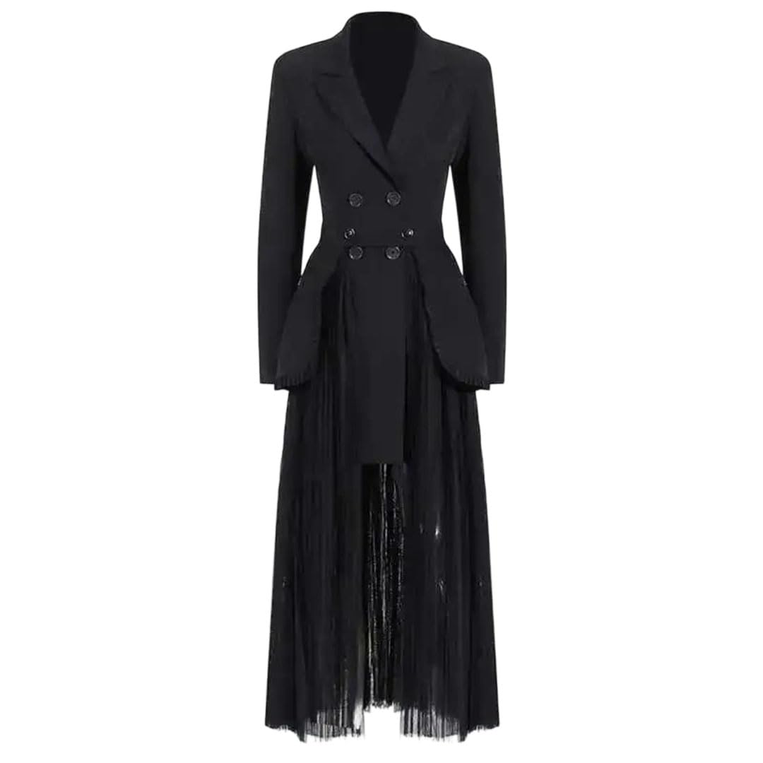 Women Two Pieces Suit Half-Body Skirt Pleated Mesh Lapel Long Sleeve Loose