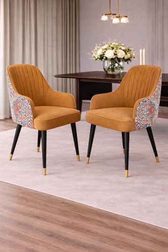 Image of Velvet Accent Chair | Modern Upholstered Dining Chair for Living Room, Office, Lounge & Vanity | Sturdy & Stylish Armchair (Floral, Light Brown)