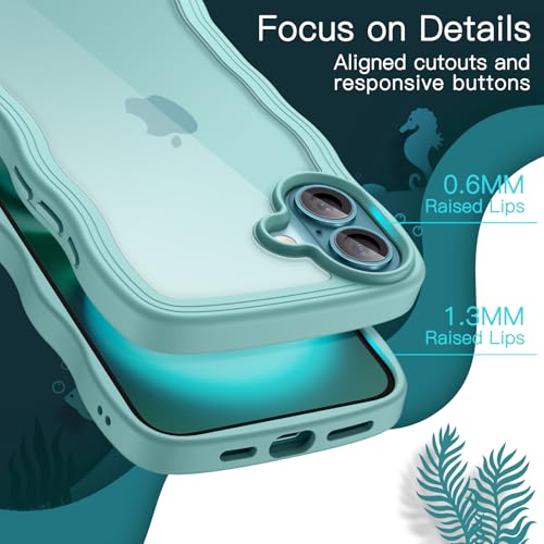 JETech iPhone 16 6.1インチ用 ウェーブ ケース かわいい 波状フレーム うねうね 耐衝撃 スマホカバー 女性用 女子向け クリア ハードPCバック (ティールブルー)
