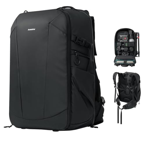 AMBITFUL Mochila grande para cámara DSLR/SLR sin espejo, ergonómica, suspendida, profesional, impermeable, con soporte para trípode y compartimento para laptop, color negro (25 L + 3 L, OM 28)
