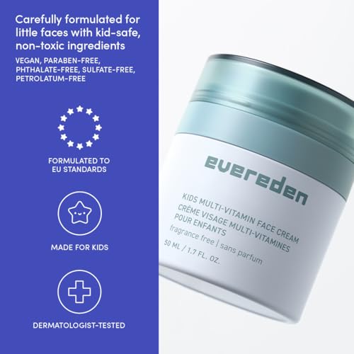 Image of Evereden Kids Face Cream, Dermatologist-Tested, EWG Verified Fragrance-Free | Vitamin-Enriched, Unscented Face Moisturizer, Safe for Young & Sensitive Skin, Omegas 3, 6, 9, Kids Ages 3+, 1.7 fl oz
