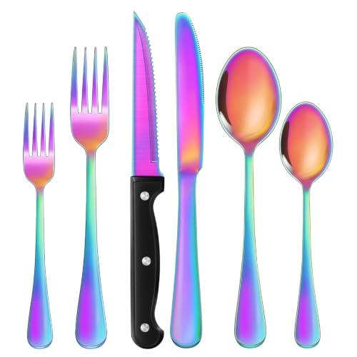 Image of 24-Piece Rainbow Silverware Set with Steak Knives Black Stainless Steel Flatware Set for 4 Food Grade Tableware Cutlery Set Rust-proof, Mirror Polished, Dishwasher Safe