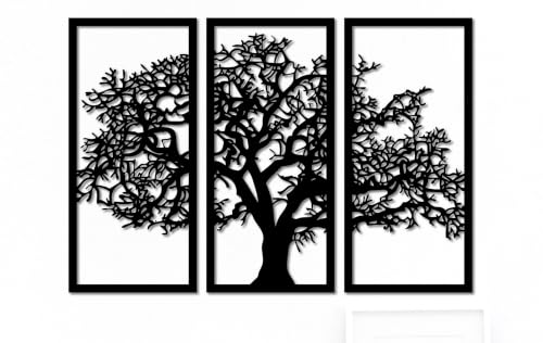Duvar Dekoru, Hayat Ağacı 3 Parçalı Doğal Ahşap Kaplama Siyah 90 cm (Yükseklik)
