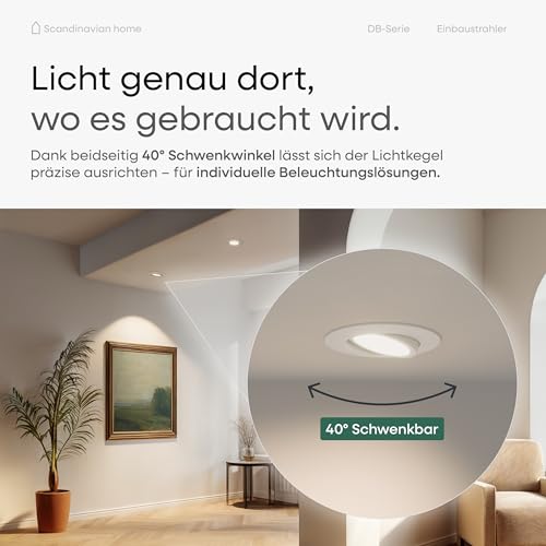 Scandinavian home 6er Set LED Einbaustrahler 230V Dimmbar - LED Spots 230V Warmweiß 3000K, 470 lm, CRI 90+, 68mm Lochmaß - IP44 Badezimmer Geeignet - Deckenspots Weiß-Matt, Schwenkbar