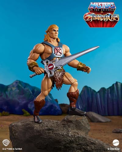 Masters of The Universe Origins & Thundercats ca. 14 cm große, bewegliche Actionfigur He-Man, 1980er Crossover-Spielzeug, abnehmbare Rüstung, Schwert, Schild und Mini-Comic, JFW98