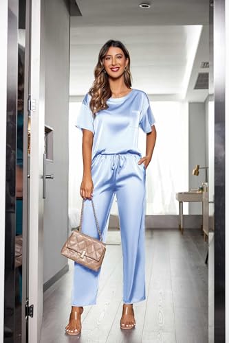 Image of Ekouaer Womens Satin Silky Pajama Set Short Sleeve Shirt with Long Pajama Pant Set Soft PJ Loungewear