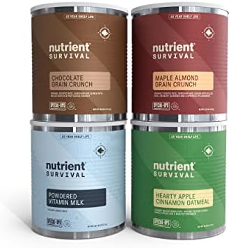 Nutrient Survival Breakfast, Vitamin Powdered Milk, Apple Cinnamon Oatmeal, Chocolate Grain Crunch Cereal, Maple Almond Grain Crunch Cereal, Emergency Food Supply, Shelf Stable Up to 25 Years