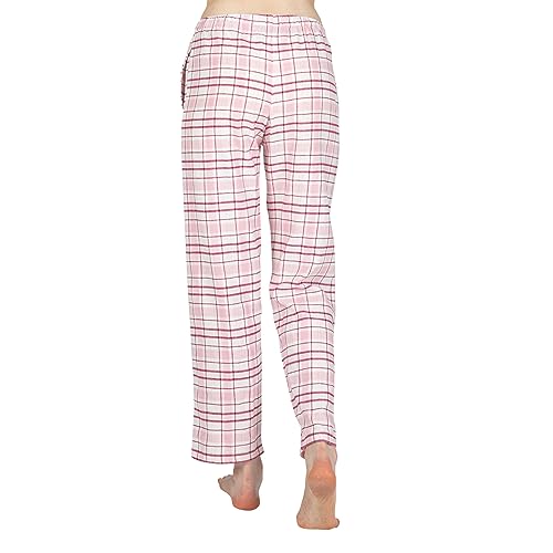 JTPW Damen 100% Baumwolle Super Soft Flanell Pyjama/Lounge Bottoms mit Taschen,Burgundy Pink Plaid,Size:M